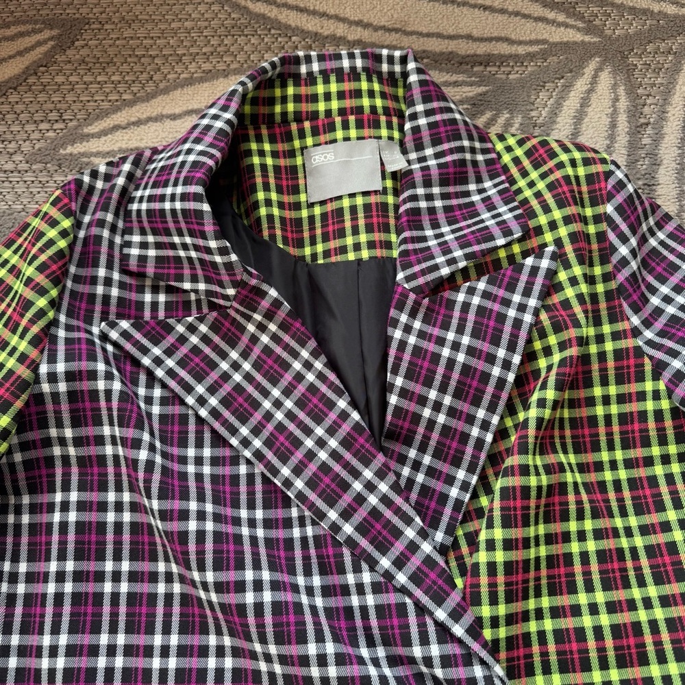 ASOS Women’s Neon Pink/Yellow Plaid Checkered Trench Double Breasted Blazer Sz 4 - Picture 3 of 5